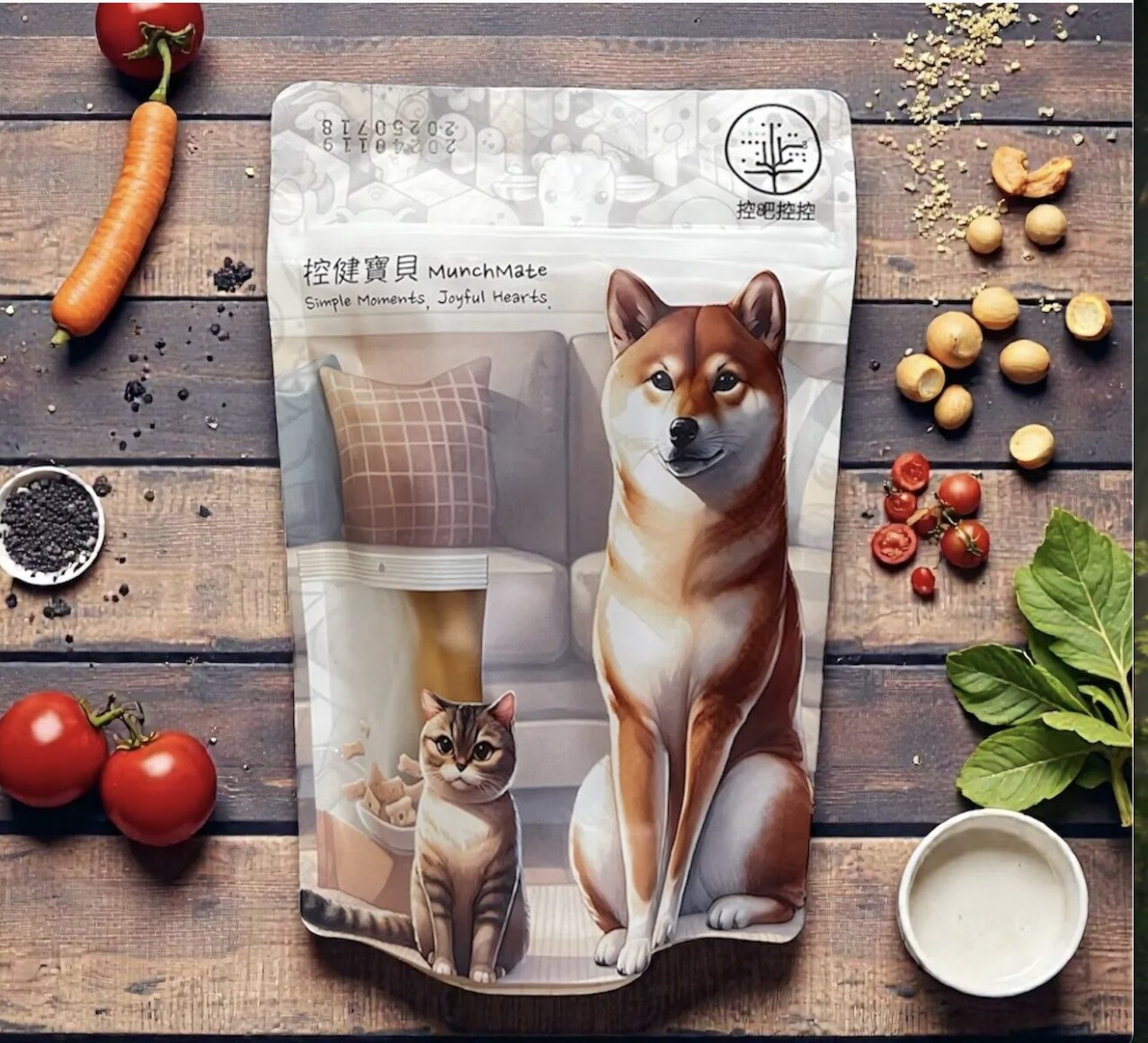 控腸健康食品包裝與紅蘿蔔、番茄及葉菜食材